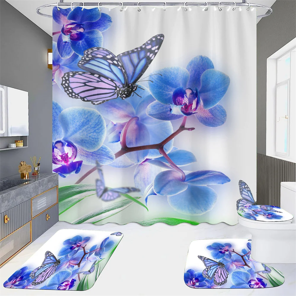 

Набор для ванной, нескользящий ковер, сиденье для унитаза и коврик для ванной, прочная водонепроницаемая занавеска для душа в синем цвете и бабочке