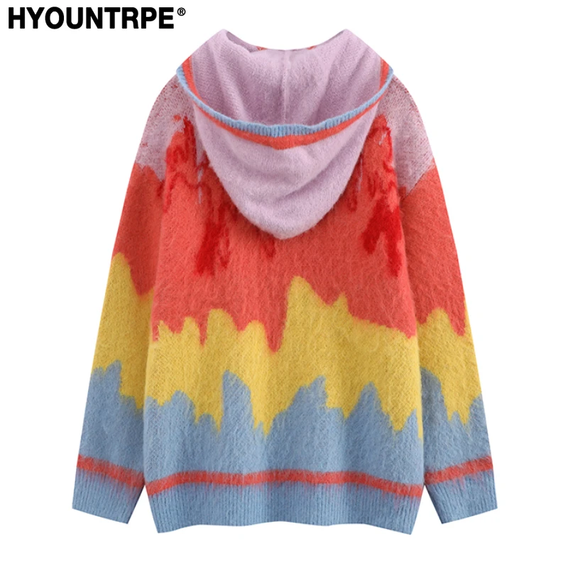 Fashion Colorful Knitted Hooded Sweater Unisex Harajuku Sweater Warm Furry Pullover Streetwear Sweaters Hoodies Jumpers Knitwear