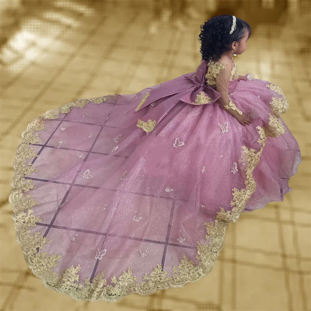 Flower Girl Dresses Appliqued Full Sleeves Princess Pageant Long Party Gown First Holy Communion