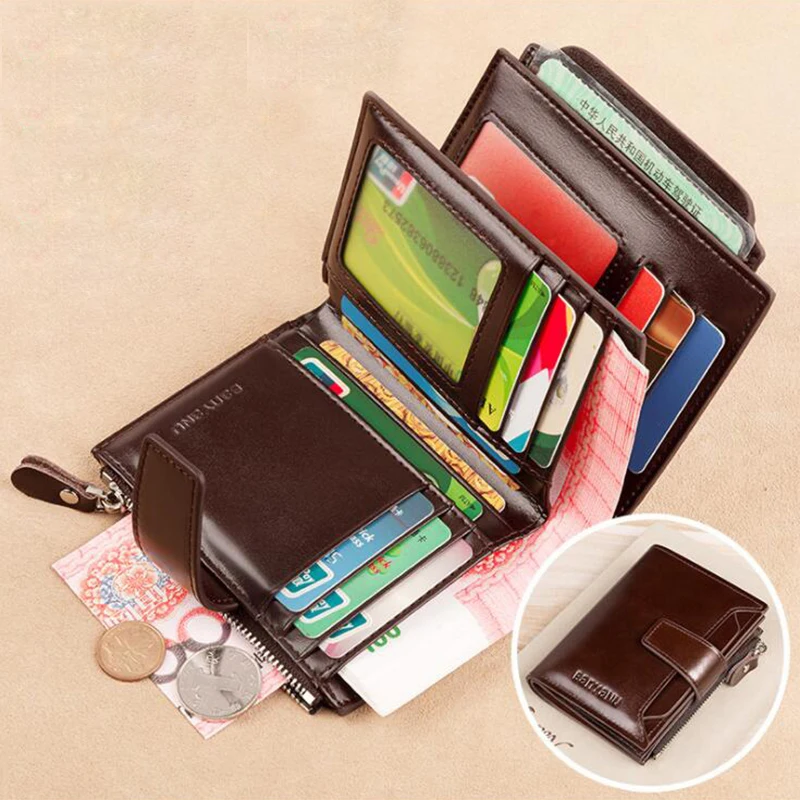 Portafoglio da uomo con patente di guida portafoglio da viaggio corto in pelle di vacchetta Anti RFID per uomo - immagine 2