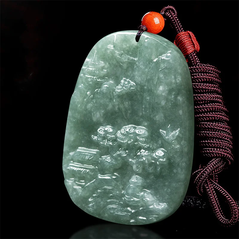 

MaiChuang/HandCarved/ Jade ice species landscape shan shui Emerald Necklace Pendant Fashion Elegant Jewelry MenWomen Couple Gift