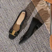 2025 New Classic Thick Heel Bow Metal Decoration Lady Pumps Simple Square Head Leather Women Single Shoes Fashion Dress Shoe 1