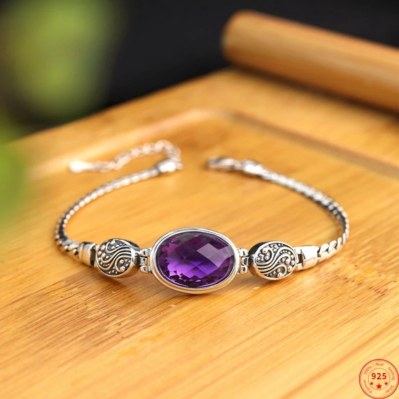 

S925 Sterling Silver Bracelets for Women New Fashion Oval Synthesis Amethyst Crystal Adjustable Ancient Jewelry Free Shipping