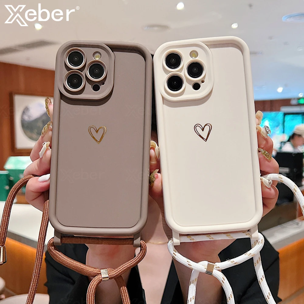 Love Heart Silicone Phone Case with Crossbody Necklace Shoulder Strap