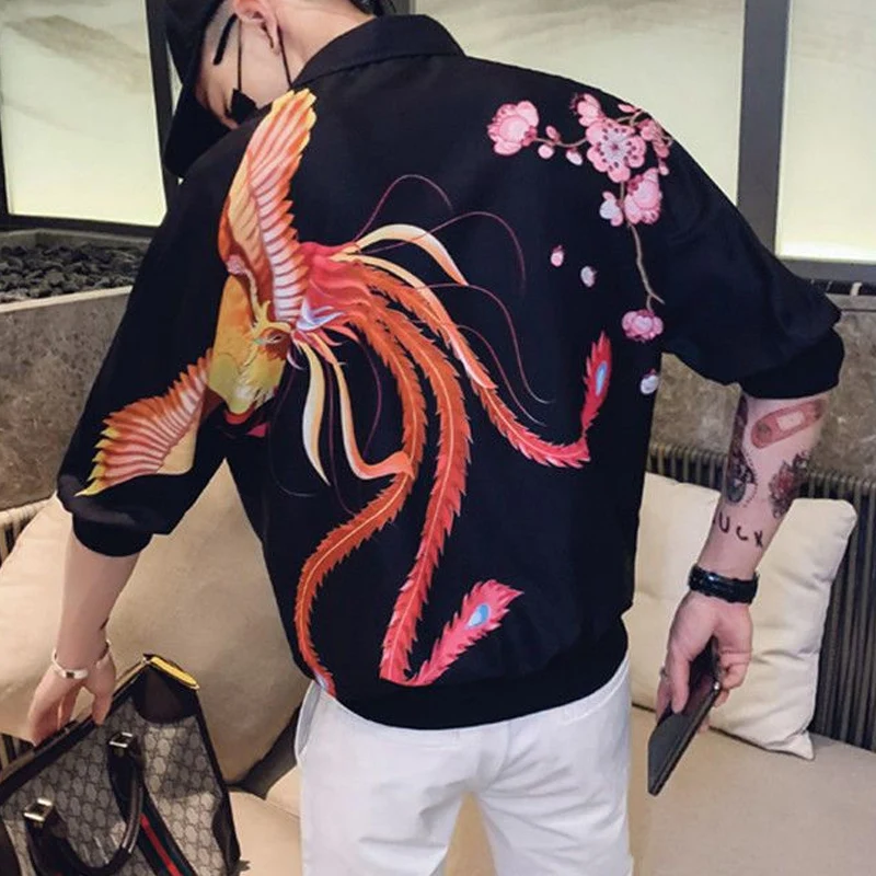 Summer New Turn-down Collar Fashion Three Quarter Shirt Man High Street Casual Loose Button Blouse Personality Printing Tops