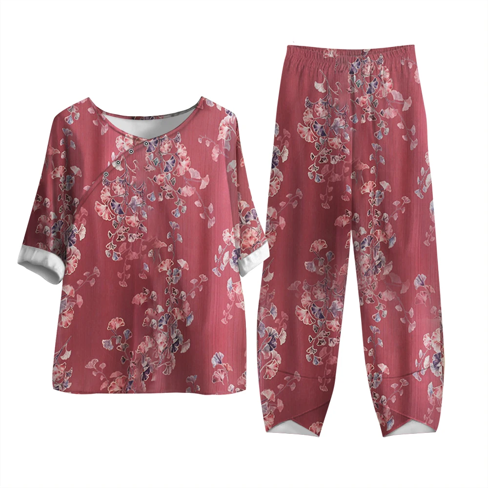 

Новая Винтажная Мягкая дышащая поглощающая пот рубашка для бабушки на пуговицах цветные брюки с принтом и коротким рукавом комплект из двух предметов