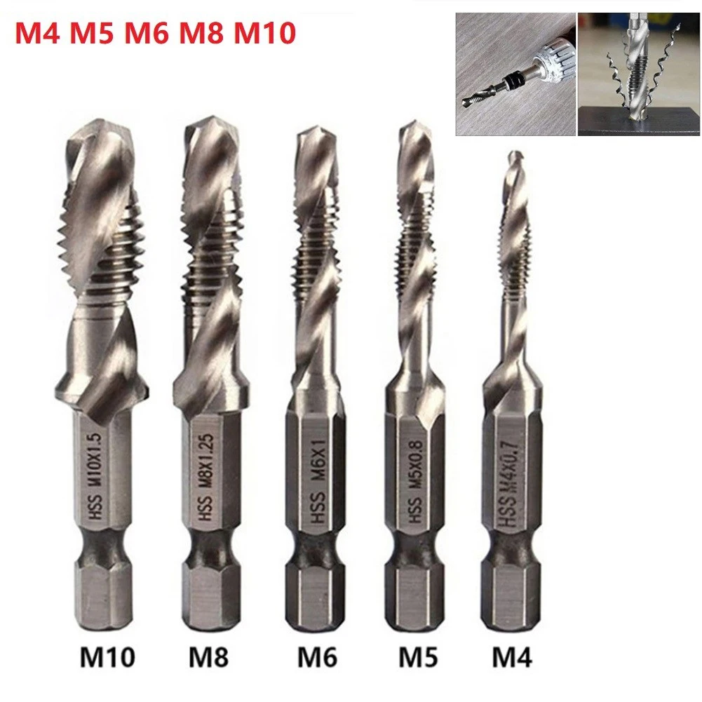 

5pcs Set Tap Drill Bit Hex Shank HSS Threaded Bit Screw Machine Compound Metric Tap M4 M5 M6 M8 M10 For Aluminum Wood Plastic