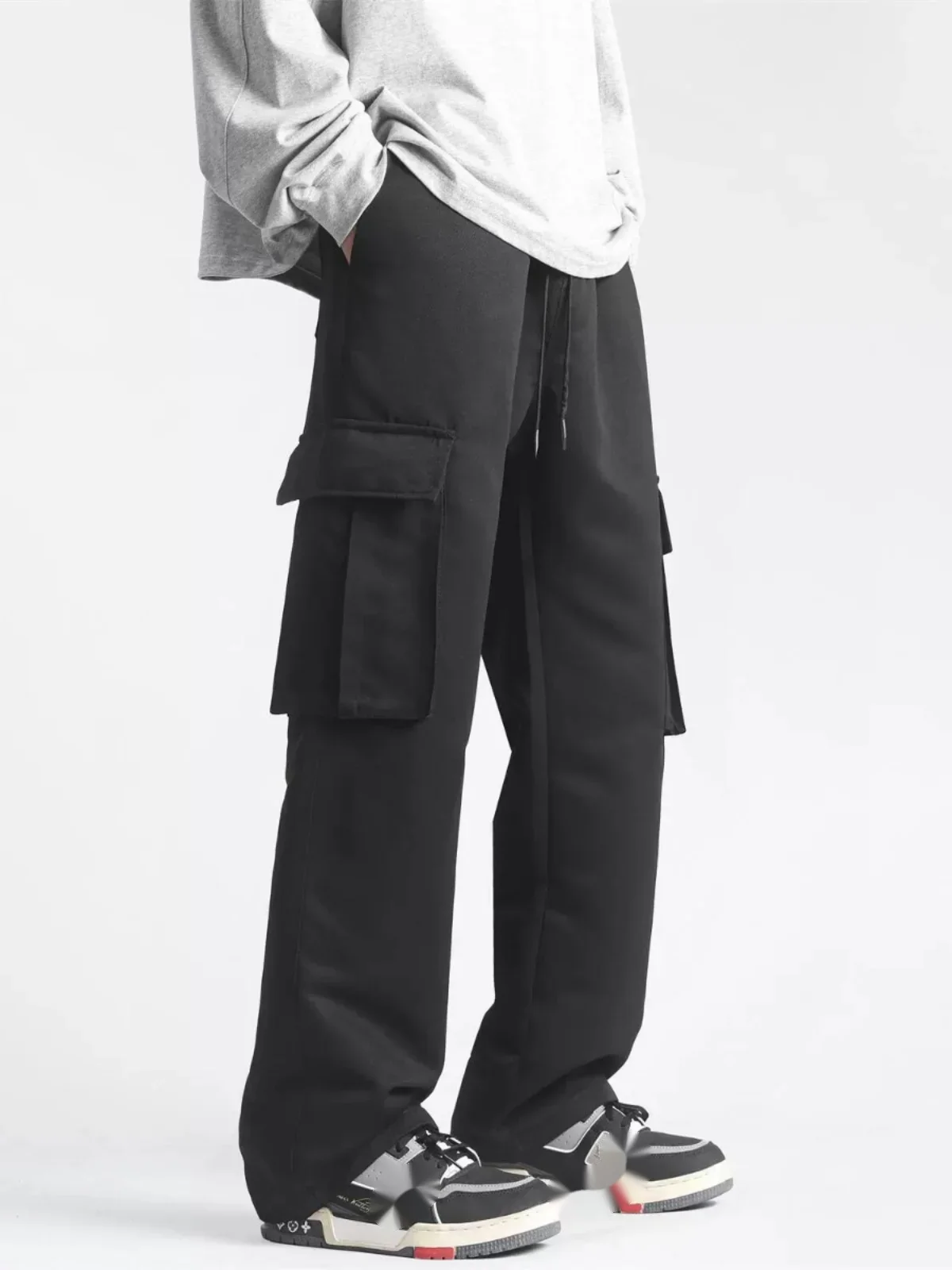 Workwear pants, men's spring high street trendy straight leg pants with large pocket design, casual logging pants