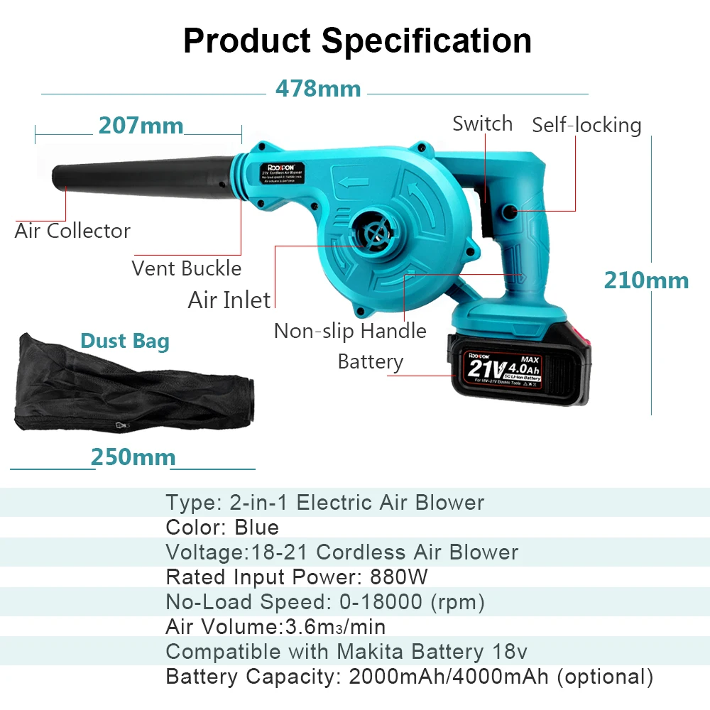 2 in 1 21V Cordless Electric Air Blower & Suction Leaf Computer Dust Cleaner Collector Power Tools For Makita 18V Battery Power images - 6