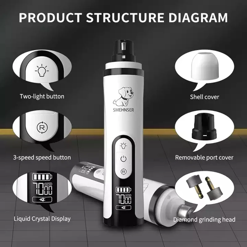 Pet Nail Clipper Pet Nail Grinder Electric Pet Nail Grinder LED Light Cat Dogs Nail Clippers USB Rechargeable Paws Cutter Pet Grooming Trimmer Supplies