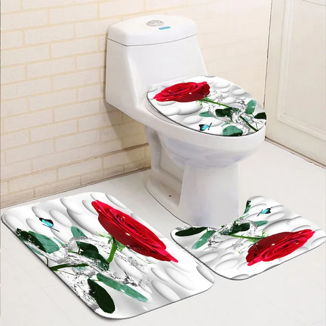 Rose Flower Shower Curtain Set Non-Slip Rugs Bath Mat Toilet Lid Cover and 12 Hooks Waterproof Polyester Bathroom Decor N-Bath Rug Mat-3Pcs