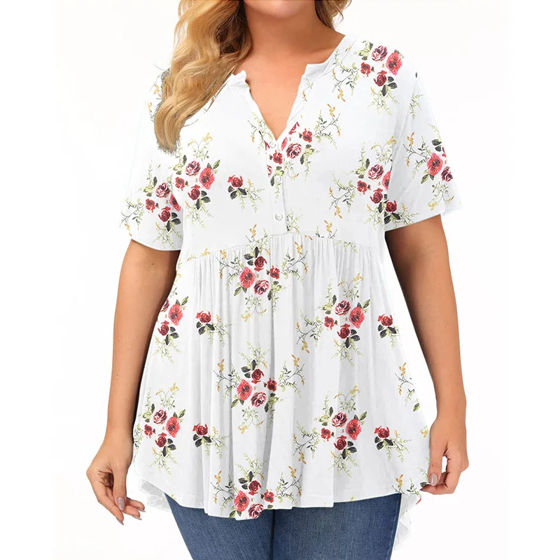 Womens Plus Size Clothes Floral Printing Tops Summer V-neck Button Casual Short Sleeve Pullover Basic Comfort Irregular T-Shirt