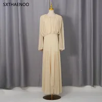 SXTHAENOO Yellow Dinner Loose Folds Maxi Dresses Women O Neck Shoulder Pud High Waist Temperament Dress Female Fashion Clothing - Image 4