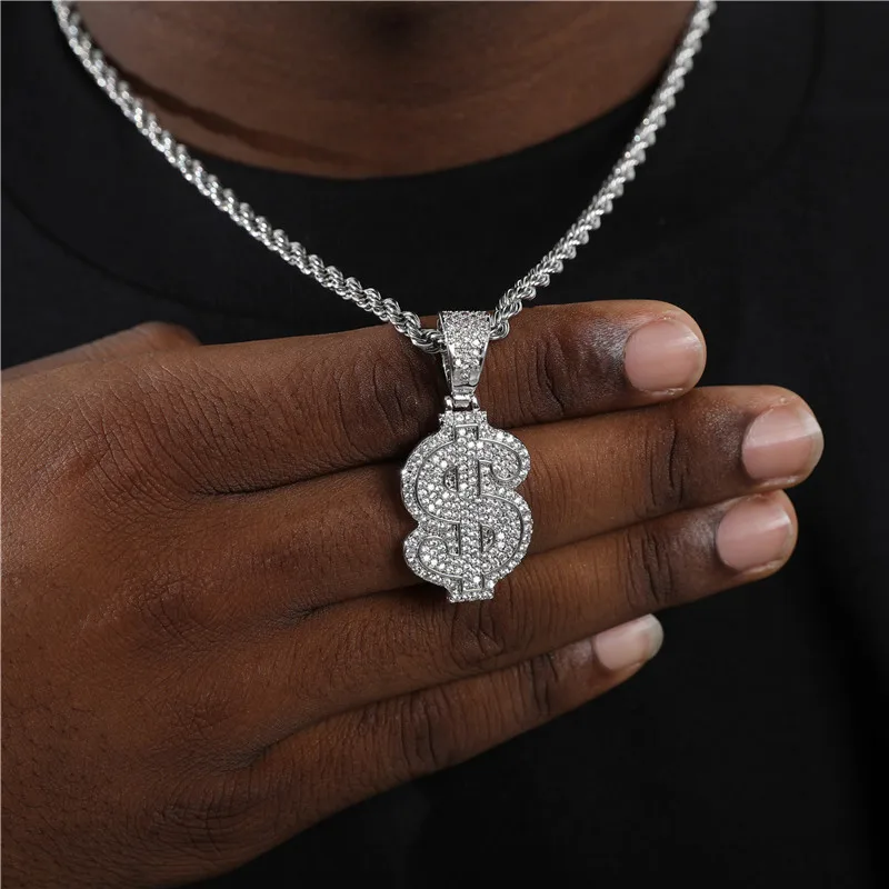 

Luxury Dollar Pendant Necklaces Men Hip Hop Jewelry Gold Long Chain Big Necklace Steampunk Cubic Zircon Statement Gift