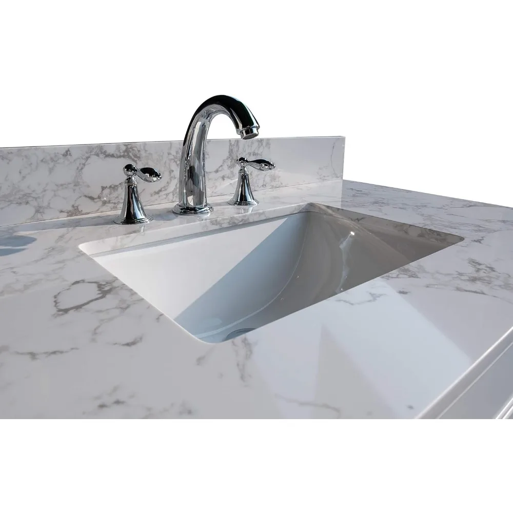 43"x 22" Bathroom Vanity Top ,White Marble Color With Rectangle Undermount Ceramic Sink And 3 Faucet Hole With Back Splash 5
