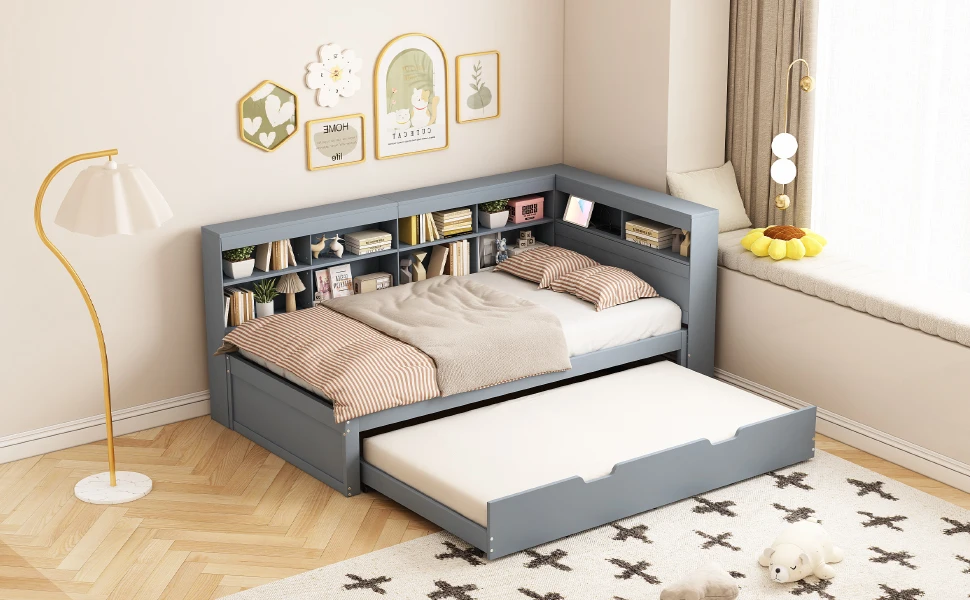 KOMHTOM Multifunktions Massivholzbett Schlafsofa 90x200 mit ausziehbarem Bett 90x190 USB Steckdose und mehreren Ablagefächern – Detail 1