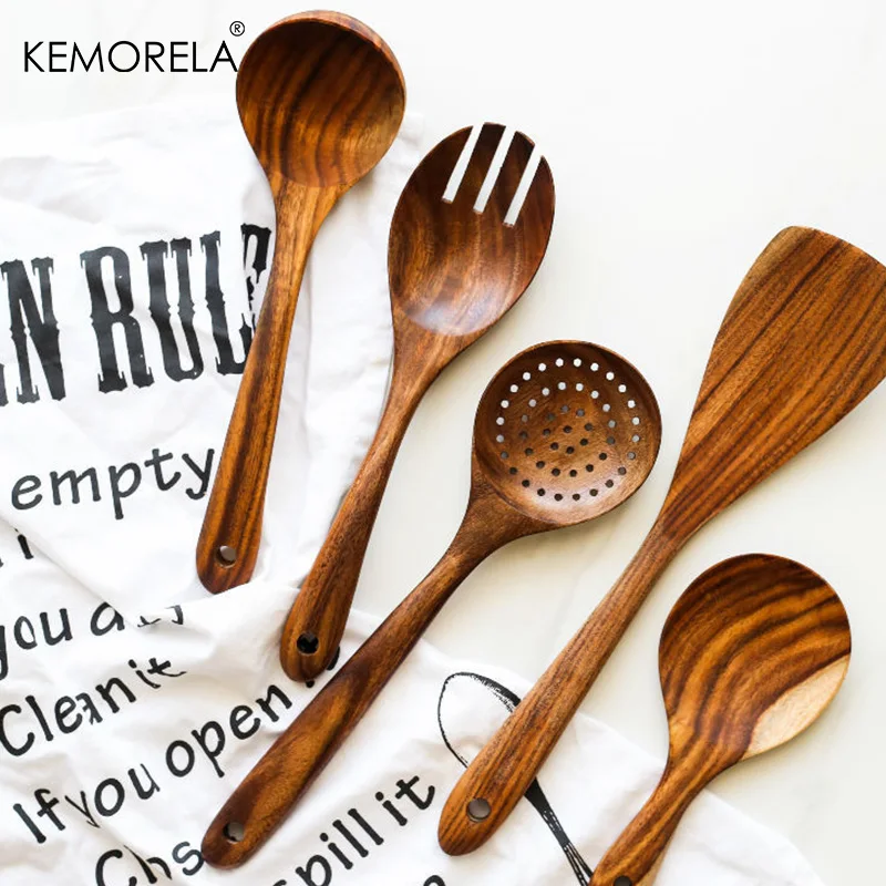 Wooden Spoon 1pc Teak Tableware Wooden Spoon Colander Spoon Special Nano Soup Skimming Cooking Cutlery Kitchen Accessory Tool