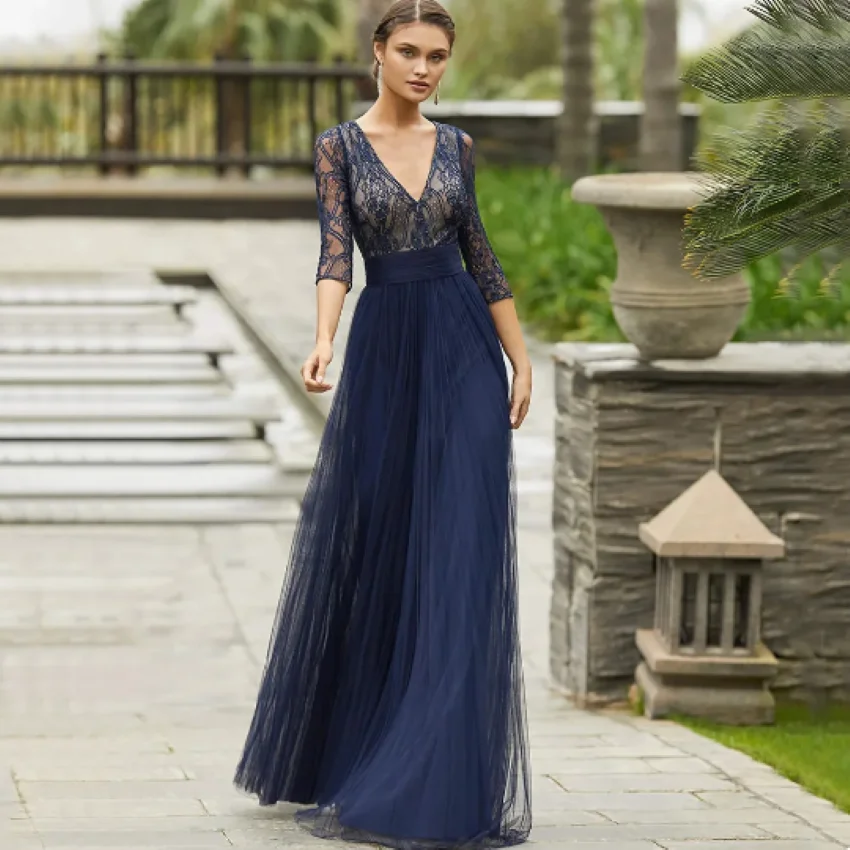 

A-Line Floor Length Tulle Classic V-Neck Wedding Party Women Banquet Custom Gowns Elegant Three Quarter Lace Mother Dress 2024