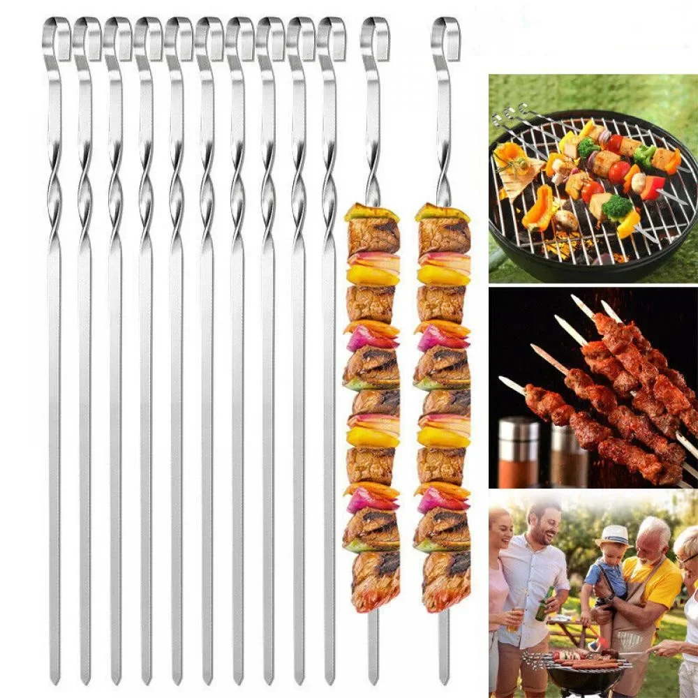 12Pcs Metal Barbecue Skewer Flat Sticks Outdoor Camping Picnic Meat Vegetable Grill BBQ Skewers Sticks Kitchen Accessories
