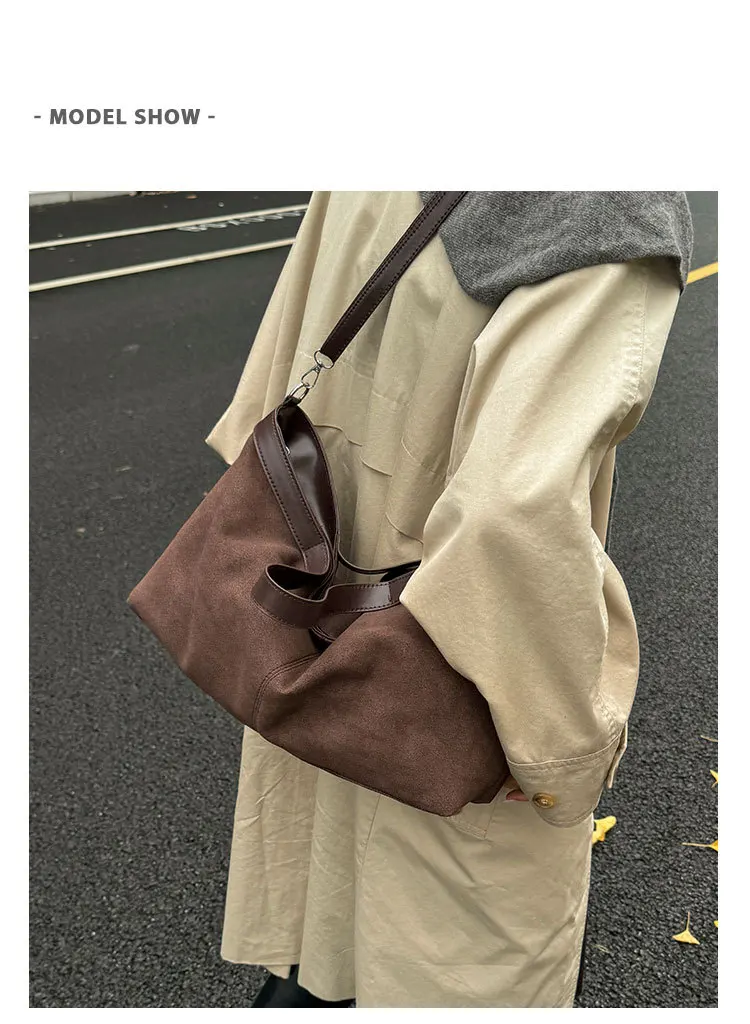 Lässige Tragetaschen mit großer Kapazität für Damen, vielseitige Handtasche aus Wildleder und PU-Leder zum Pendeln, Umhängetasche für den täglichen Gebrauch – Detail 6