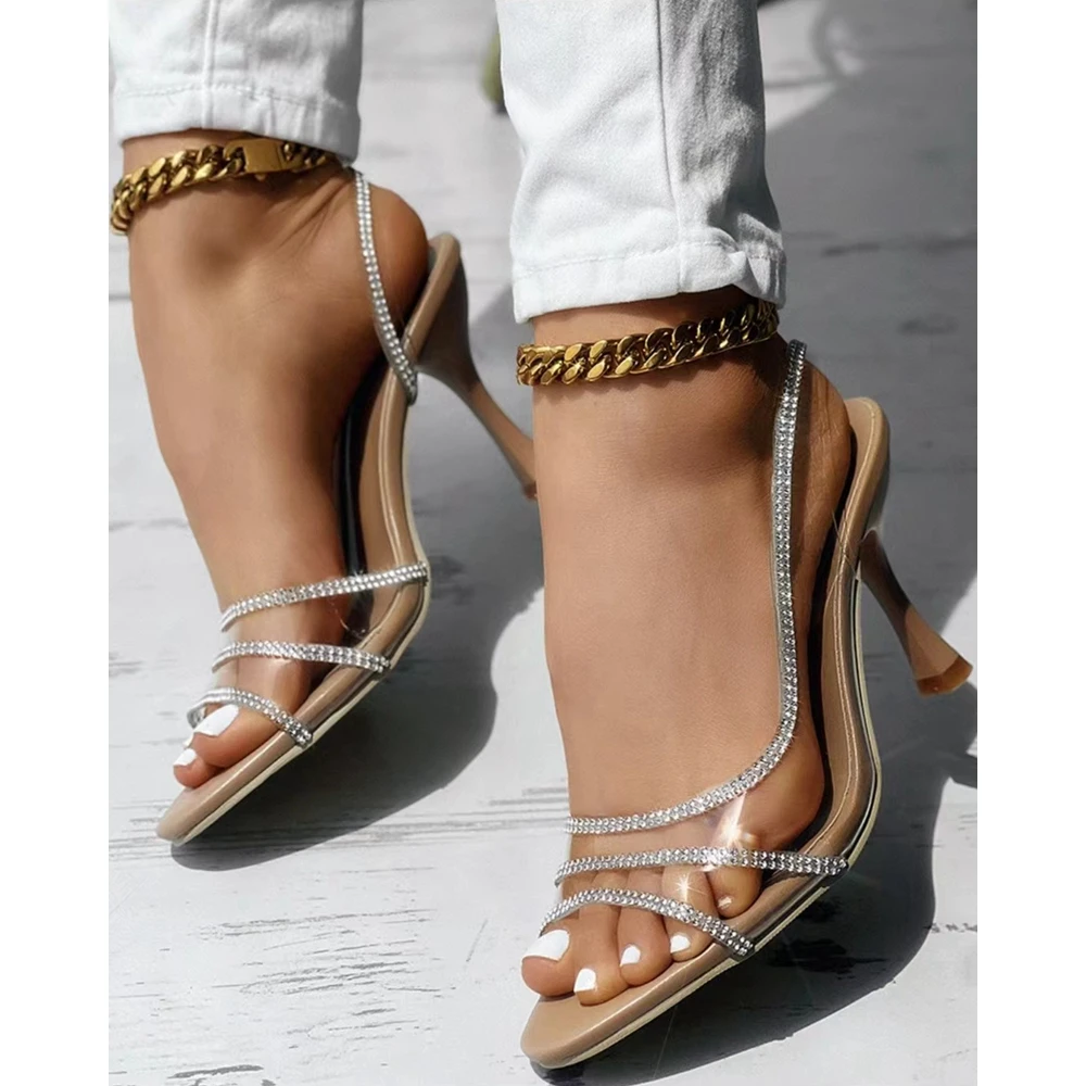 Women Rhinestone Decor Pyramid Heel Sandals Autumn Party Pointed Toe Back Strap Thin Heel Pumps Korean Style Spring Fashion