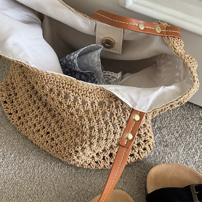 Casual Hollow Out Large Capacity Tote Bag Milk Cotton Weave Women Shoulder Bags Handmade Summer Beach Bag Big Bali Shopper Purse