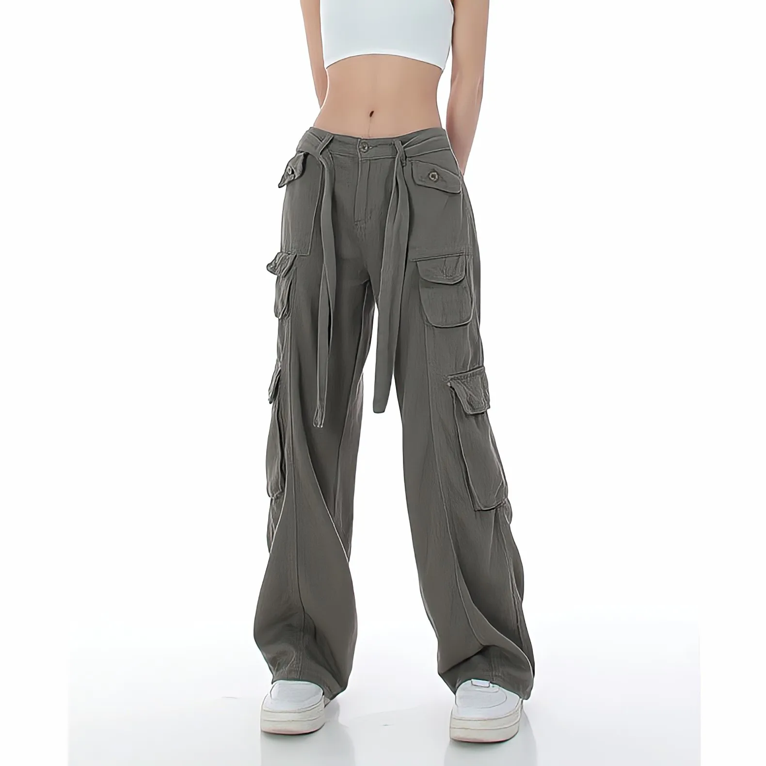 Streetwear High Waist Hippie Baggy Green Cargo Pants Woman Summer Pocket Wide Leg Black Pants Vintage Casual Mopping Trousers black jeans women tie dye washed straight wide leg pants high waist goth vintage streetwear denim casual hippie trousers