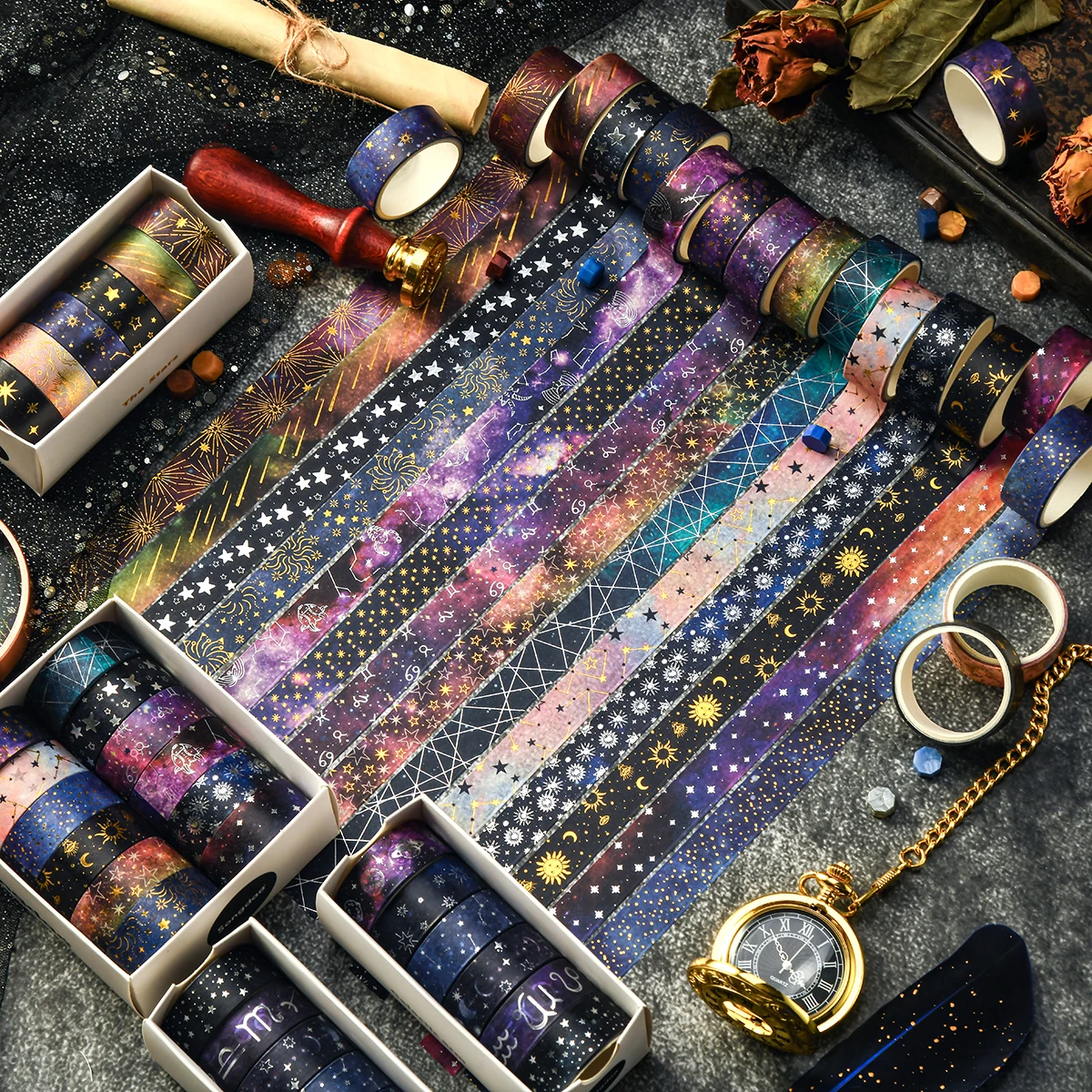 6 rolls of starry sky bronzing pattern washi tape, constellation pattern tape and gift wrapping decoration, gifts for friends 5