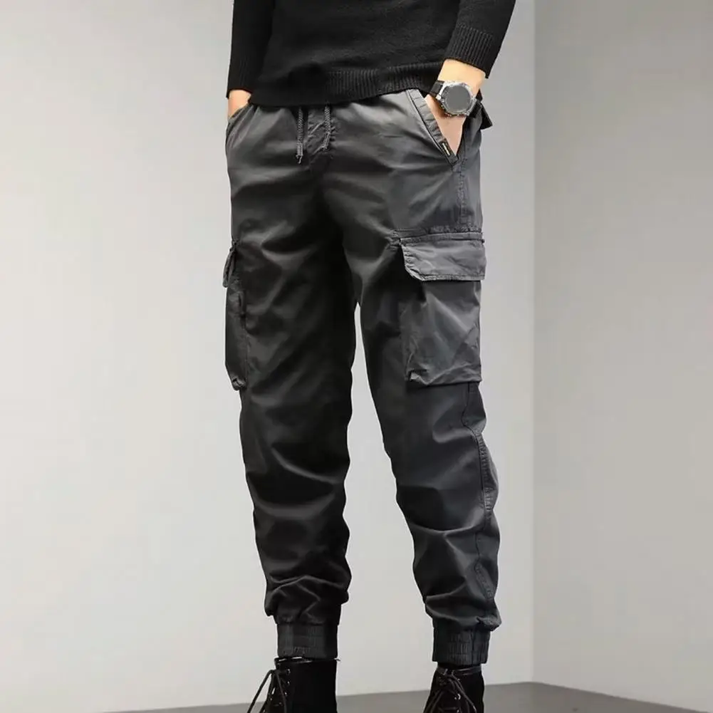 

Drawstring Cargo Pants Men Multiple Pockets Elastic Waist Solid Color Spring Autumn Sweatpants Men Streetwear pantalones hombre