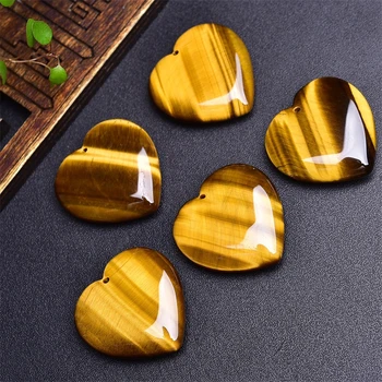 2PCS Natural Yellow Tiger Eye Stone Heart Pendant Reiki Healing Stone DIY Accessories Holiday Birthday Gift 32X8MM 1