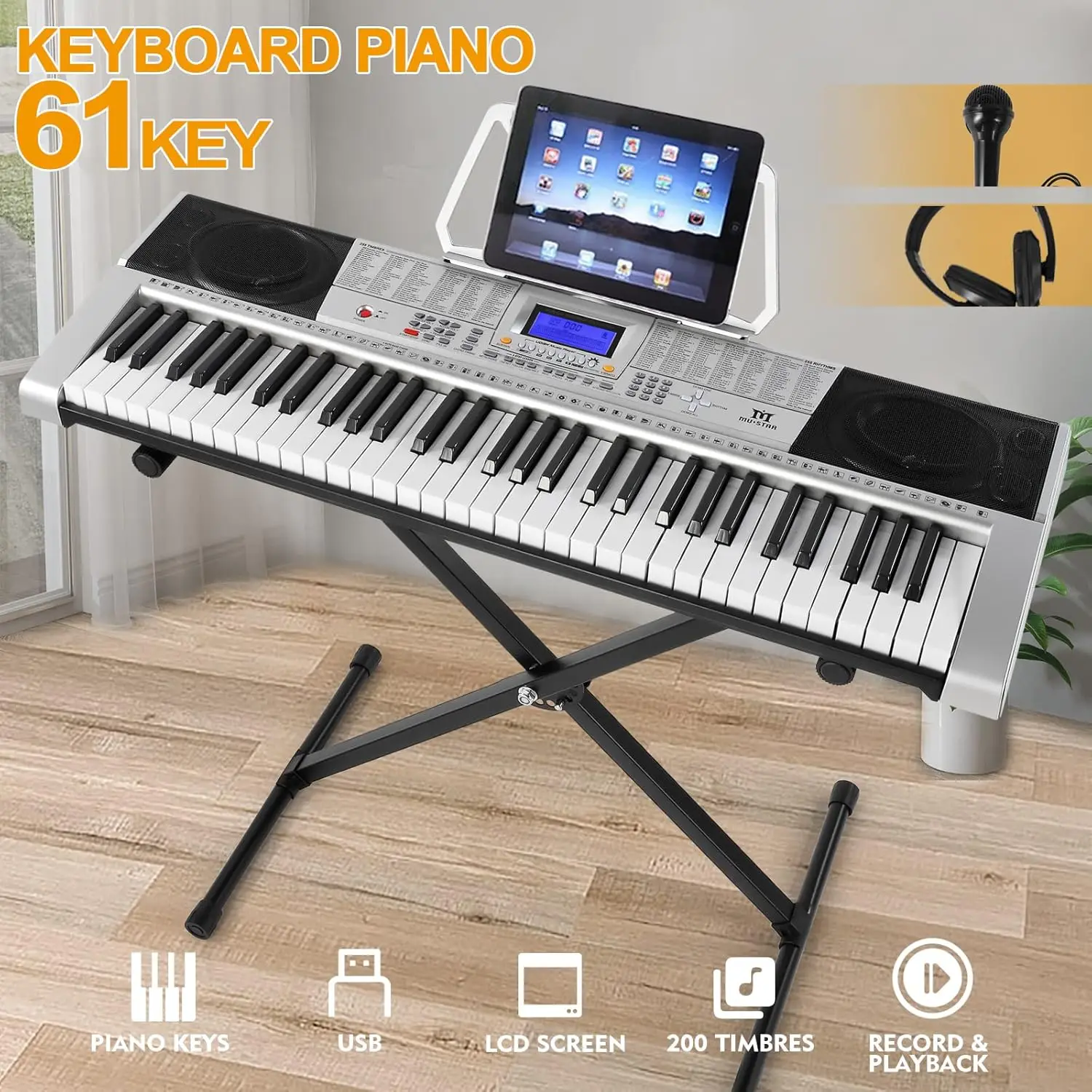 61 Key Piano Keyboard, MEKS-400 Electric Piano Keyboard with Lighted Up Keys, Learning Keyboards for Beginners, Stan