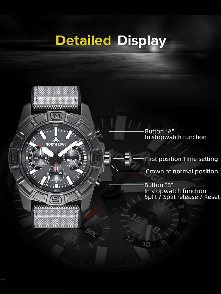 NORTH EDGE 2025 BLAZE Men's Watches Solar Power 316 Stainless Steel Case Quartz Watch For Men Pilot Waterproof 50M Stopwatch_voghion.com