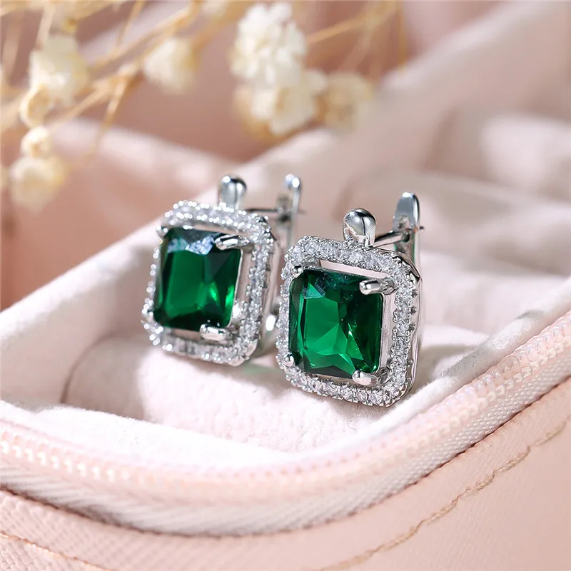 Luxury Female Green Square Zircon Stone Clip Earrings Charm Silver Color Wedding Jewelry For Women