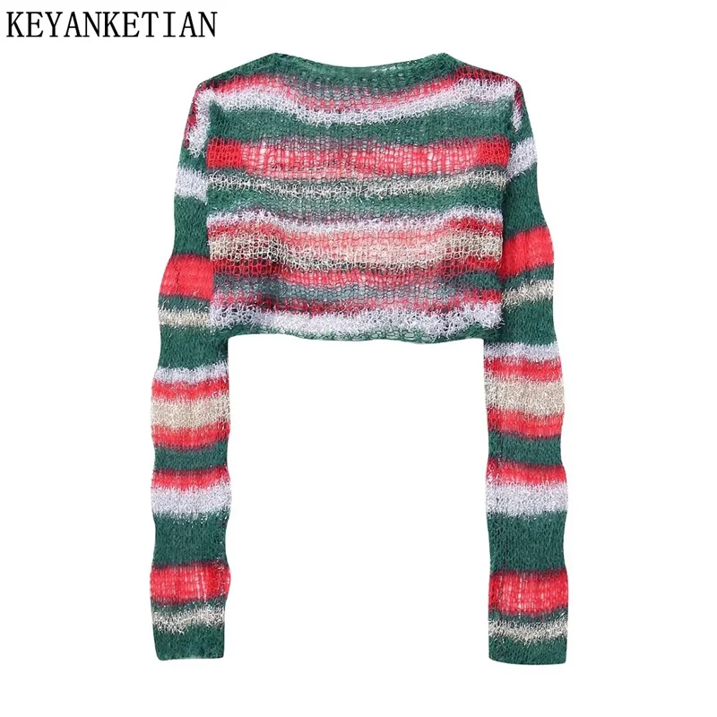 

KEYANKETIAN 2024 New Launch Women's Bright Silk Jacquard Striped Sweater Pullover Stylish Rainbow Knitted Cardigan Crop Top