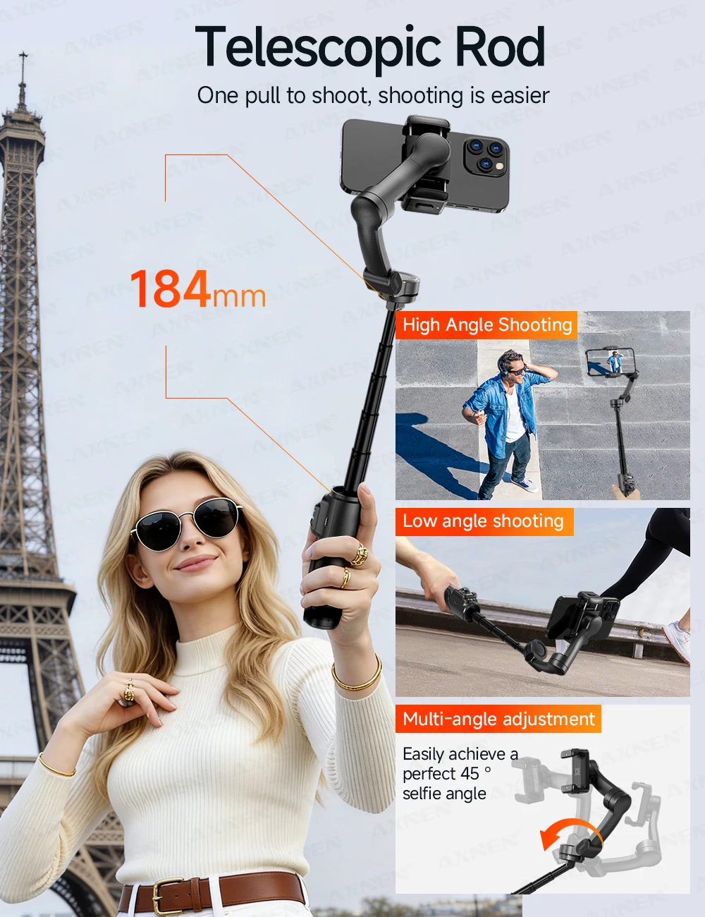 3-osiowy ręczny stabilizator gimbala z funkcją śledzenia twarzy AI, wbudowany teleskopowy pręt, smartfon, iPhone, Android, antywstrząsowy_voghion.com