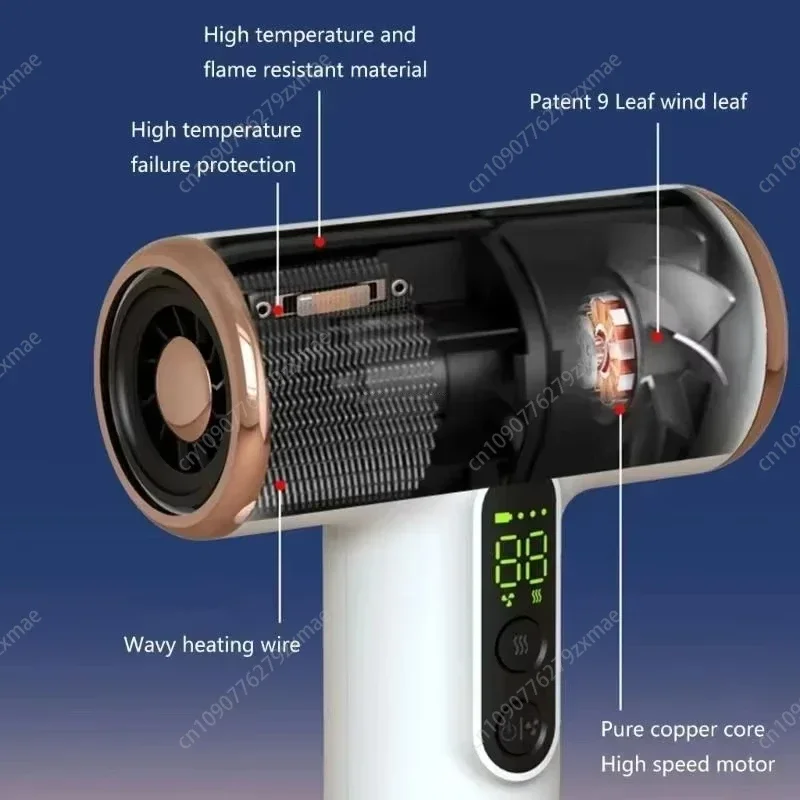 Wireless Hair Dryer USB Portable Travel Rechargeable Strong Wind Low Noise 3 Gears Hair Dryer with Lcd 30000RPM Negative Ions 2
