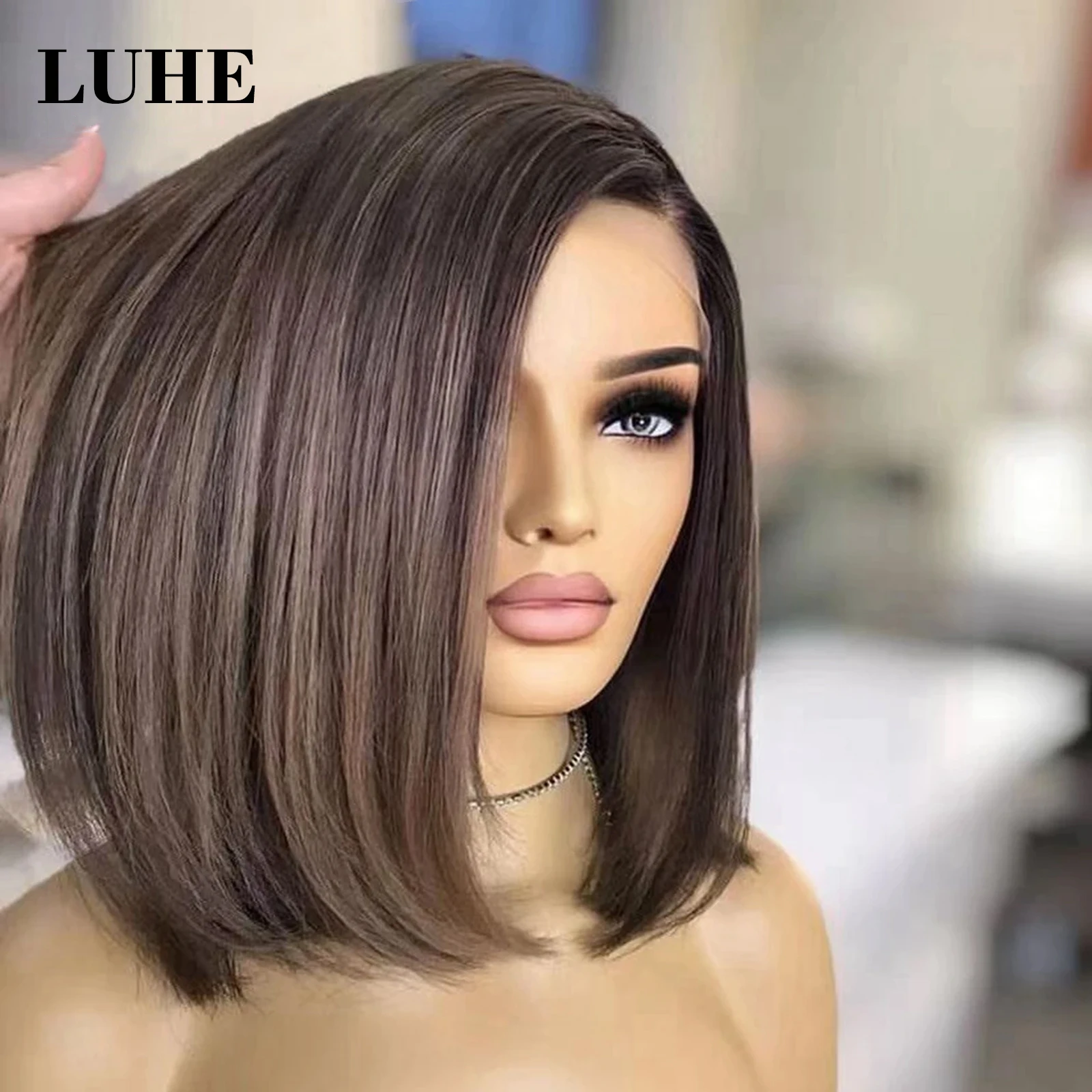 Ombre Ash Brown Highlight 13x3 Synthetic Hair Lace Front Wigs for Women 12 Inch Short Straight Bob Lace Frontal Wig Daily Use