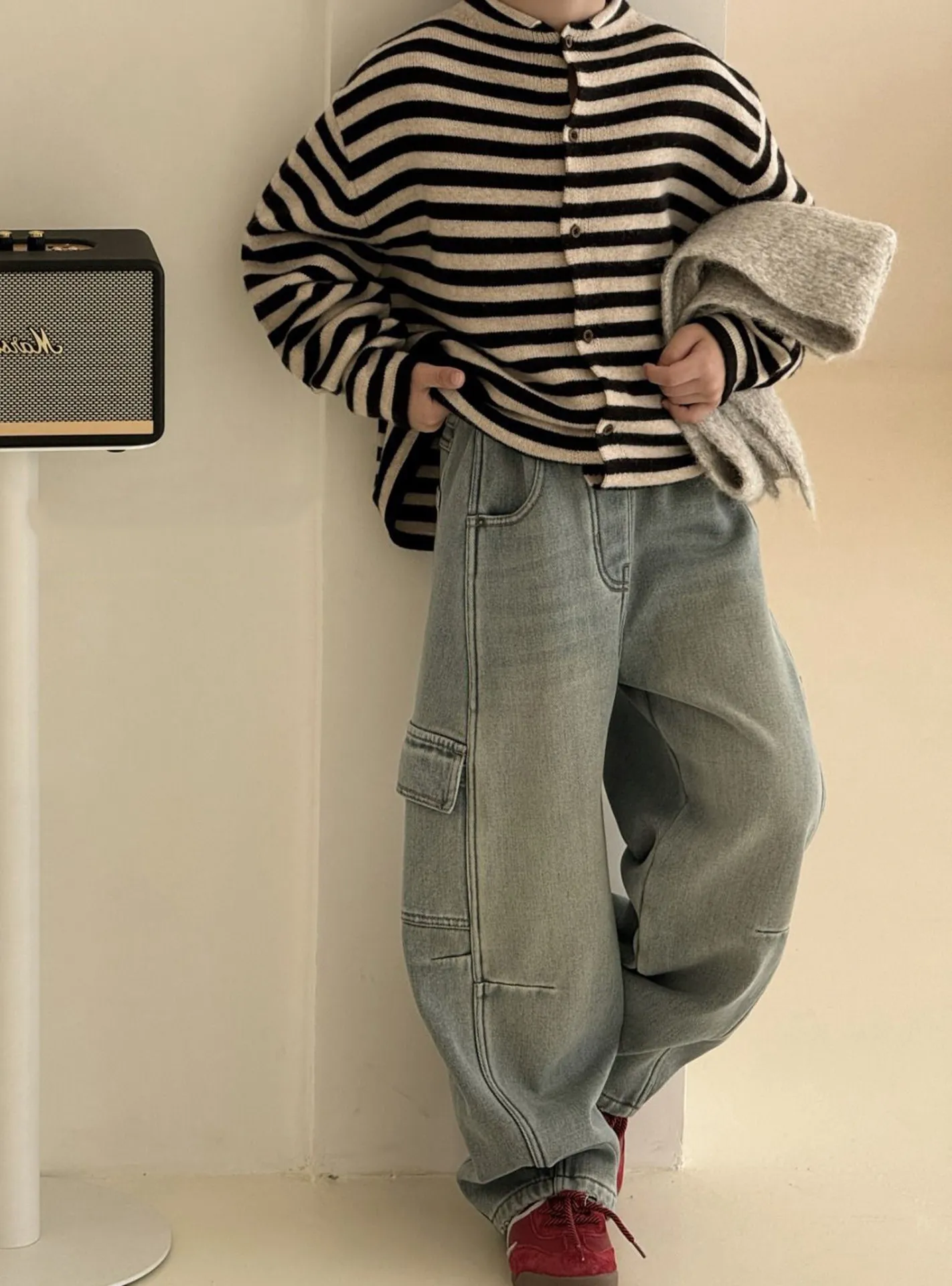 유니섹스 플리스 안감 와이드 레그 청바지 아동 겨울 의류 레트로 작업복 스타일 키즈 루즈핏 바지 남아 여아용