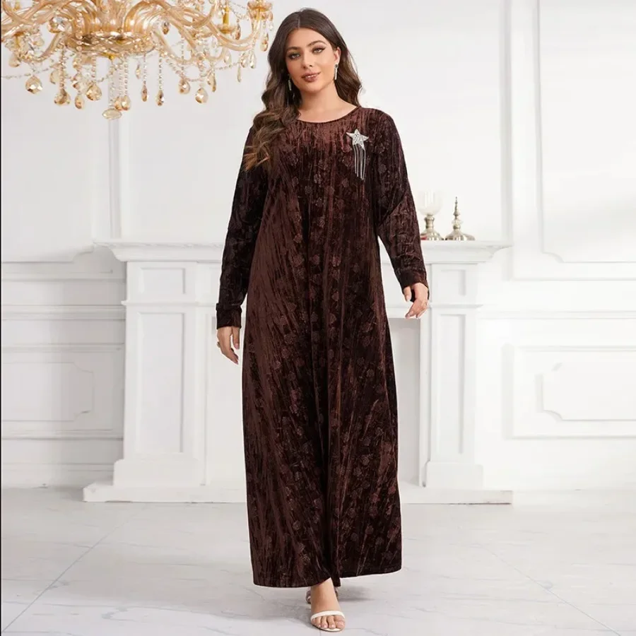 Abayas for Women Dubai 2024 Fashion Muslim Women Long Sleeve O-neck Velvet Plus Size Long Maxi Dress Muslim Fashion Abaya