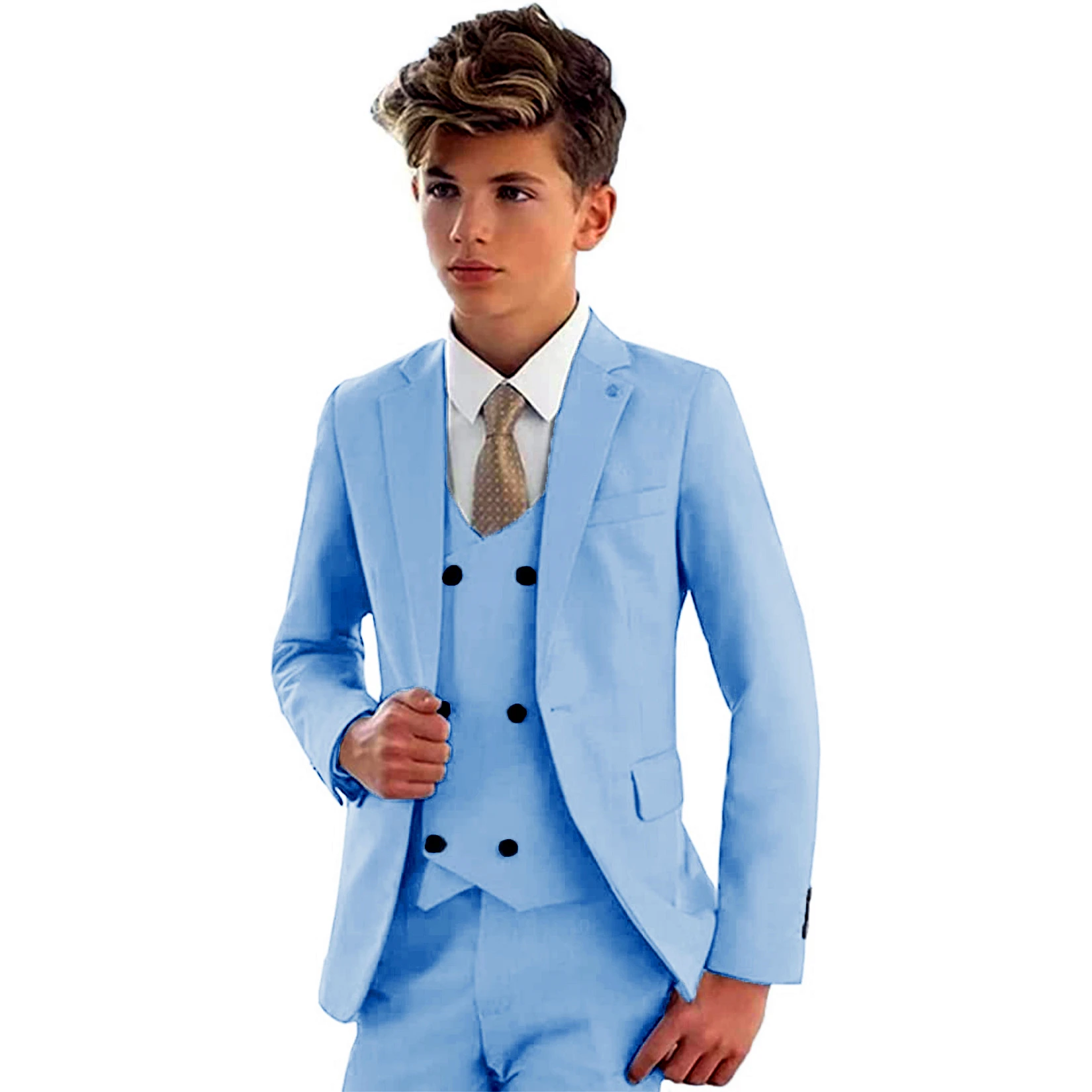 Solid 3 Piece Boys Suits for Wedding Elegant Tuxedo Kid's Blazer Vest Pants Set Notch Lapel One Button Child Prom Dress Suits