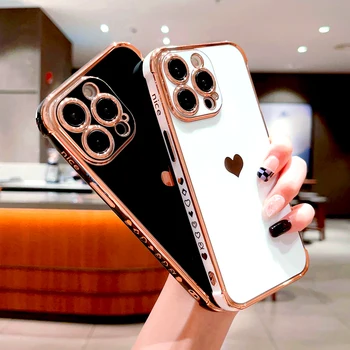 Plating Silicone Soft Case For iPhone 16 15 14 13 12 11 Pro Max XS X XR 8 7 Plus SE 2020 16Pro 15Pro iPhone15 Love Heart Cover