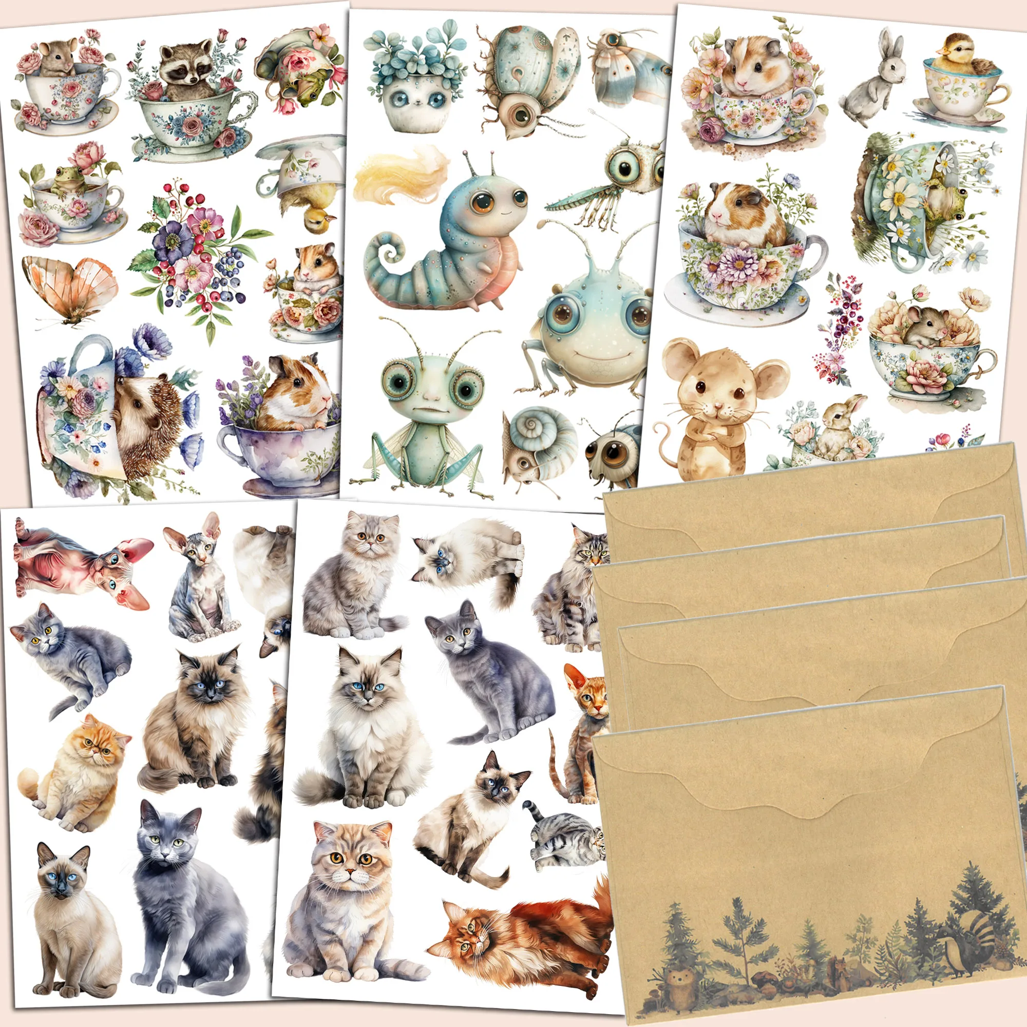 Stickers Scrapbooking Supplies Journal Tools Set 54pieces Flower Animal Tea Time Thick Postcard Set With Envelopes and Stickers for Scrapbooking Junk Journal Kits Craft