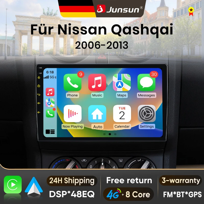 Radio para coche Junsun de 9 pulgadas con Android 15 para Nissan Qashqai J10 2006-2013, inalámbrico para Apple CarPlay, pantalla IPS, reproductor multimedia estéreo, sistemas inteligentes para automóvil, 2 Din, autorradio, unidad principal, navegación GPS, BT, 4G, WIFI, 8 núcleos, FM, AM, DSP, RDS, SWC, DAB 1
