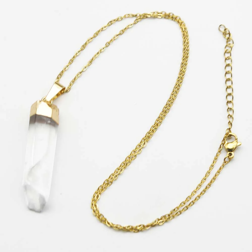 Natural Stone White Crystal Post Plated Gold Pendant Necklace Stainless Steel Chain Charm DIY Jewelry Accessories Wholesale 6Pcs