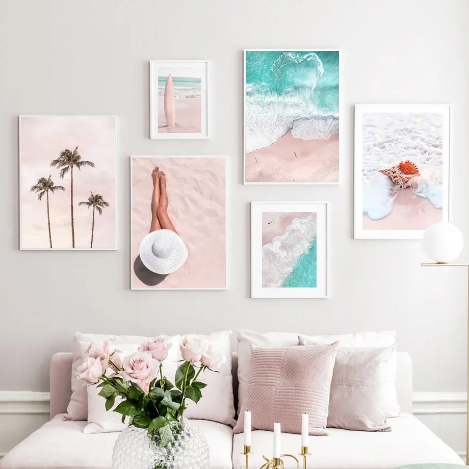 

Palm Trees Shell Starfish Beach Surfboard Girl Wall Art Canvas Painting Posters And Prints Wall Pictures For Living Room Decor