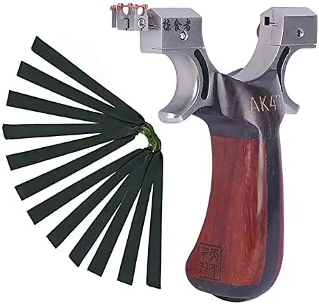 

Hunting Slingshot Catapult of High Velocity Sling Shot Wooden Handle for Outdoor Shooting with 6 Rubber Bands Fiber Optic Sight