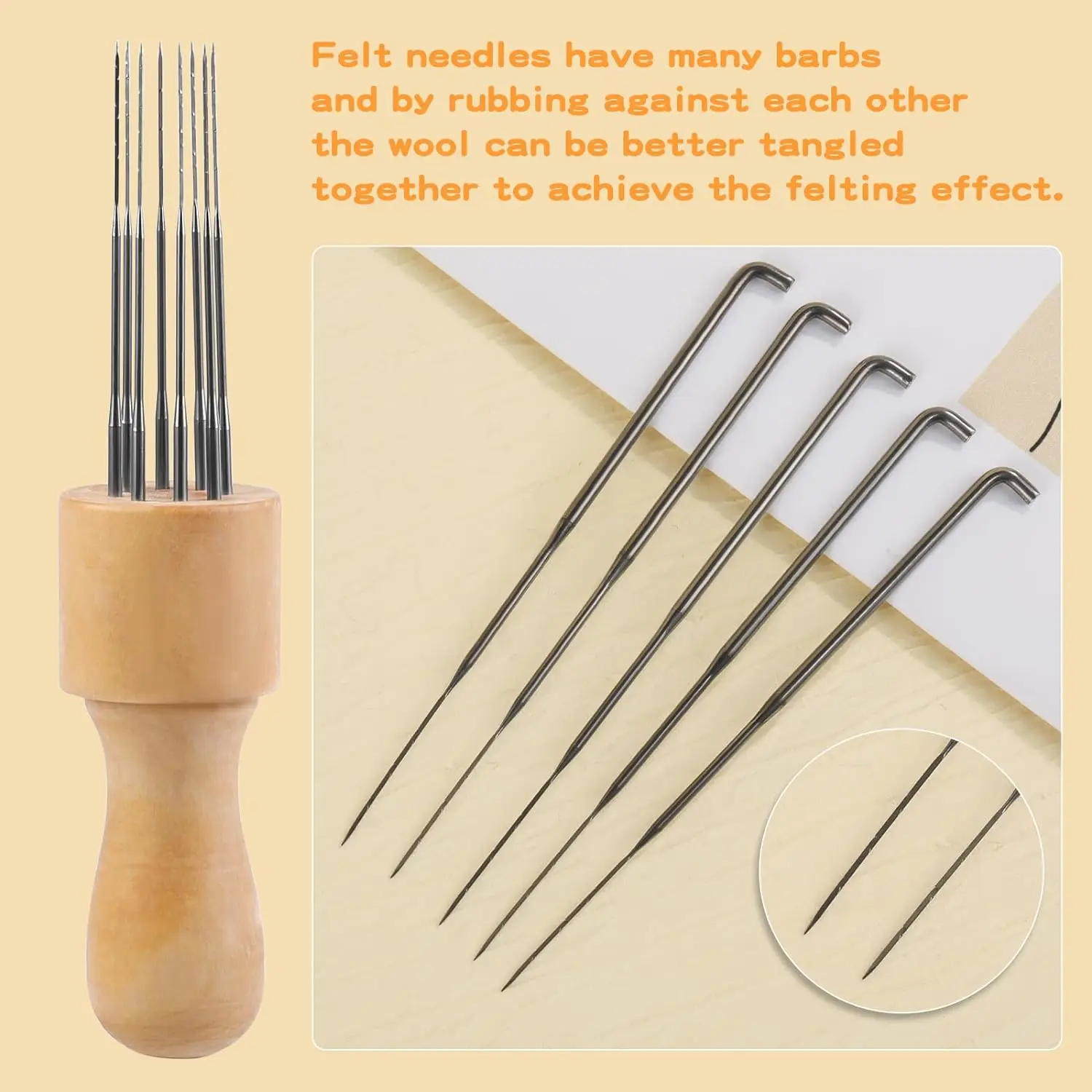 Felting Needle with Eight Tool Craft Wool Felt Stitch Punch with Solid Wood Handle Felting Eight Needles Tools Finger Cots
