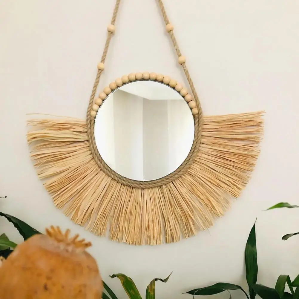 Hanging Mirror Raffia Moroccan Wood Beads Acrylic Multifunctional Decorative Decorations Bedroom Decorative Wall Mirror acrylic mirrors wall mirrors