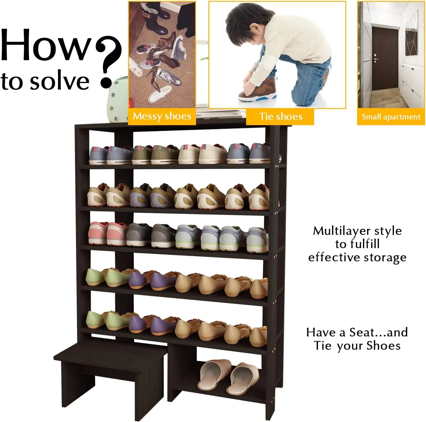 6 Tier Wood MDF Shelf Shoe Rack with One Footstool/Shoe Storage Shelves Free Standing Flat Shoe Racks Classic Style -103% 6