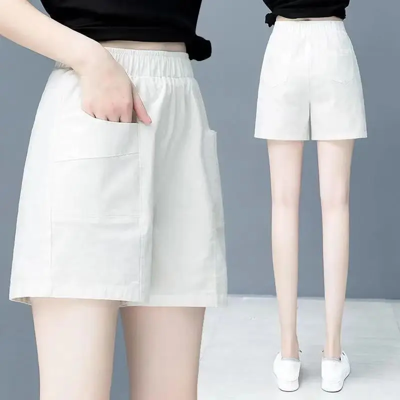Minimali Commute Summer Thin Cotton Elastic Pants Women's Solid Spliced Pockets Epaulet Loose Straight Casual High Waist Shorts